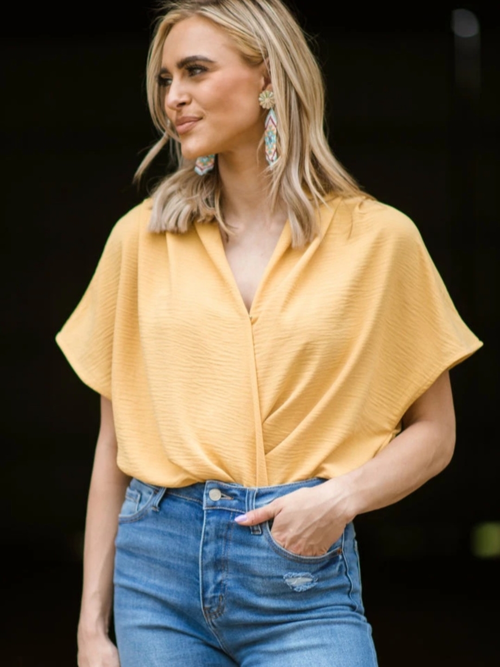 NWT: 143 Story Mustard Surplice Bodysuit Boho Draped V-Neck - Large